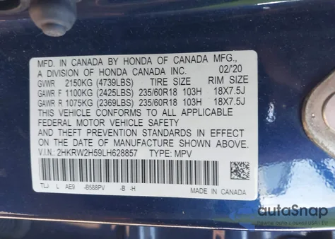 2020 Honda Cr-V Awd Ex из США, поврежденный, VIN 2HKRW2H59LH628857